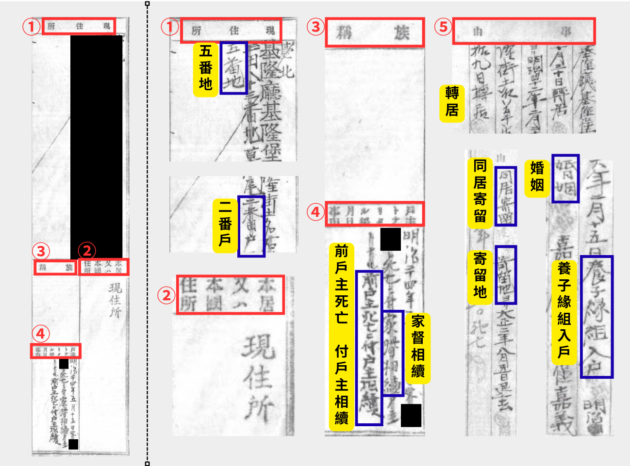 圖中顯示多個標記的文本部分,包含住址、姓名及家庭結構相關信息。
