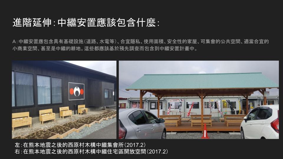 圖片顯示兩側不同的建築，左側是中繼安置所的外觀，右側是另一個在西原村的中繼集會所的建築。