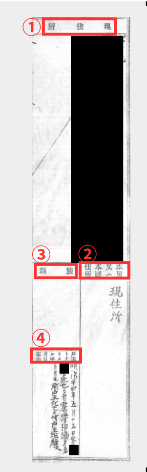 圖中顯示多個標記的文本部分,包含住址、姓名及家庭結構相關信息。